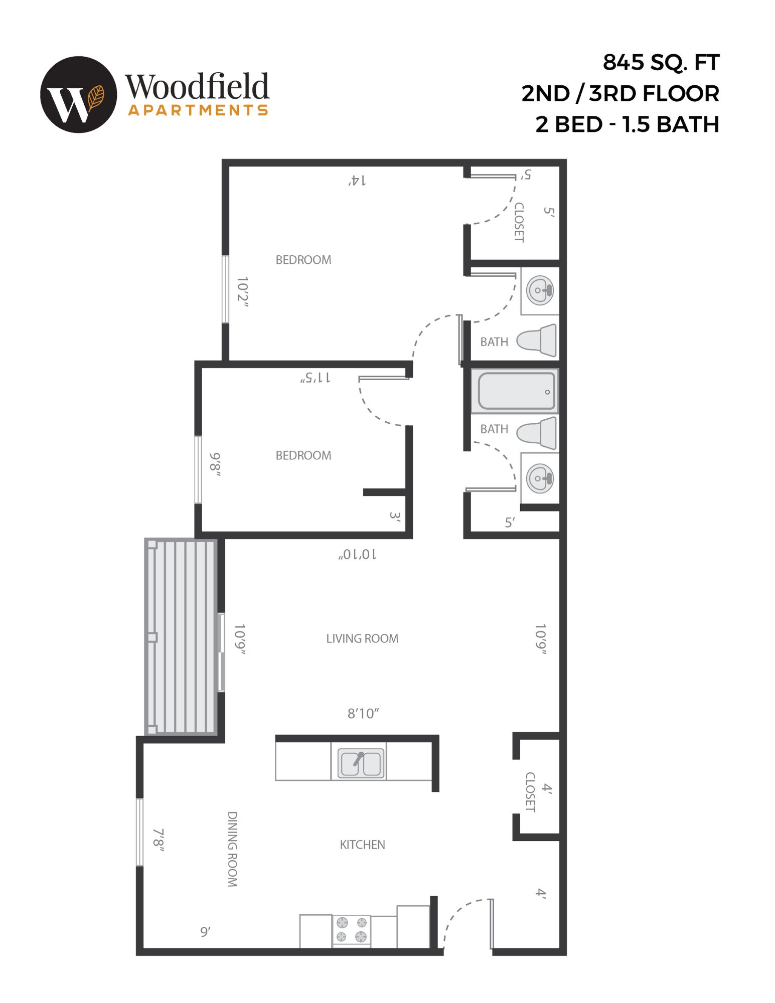 Floor plan for 2 beds, 1 bath, 845 sqft